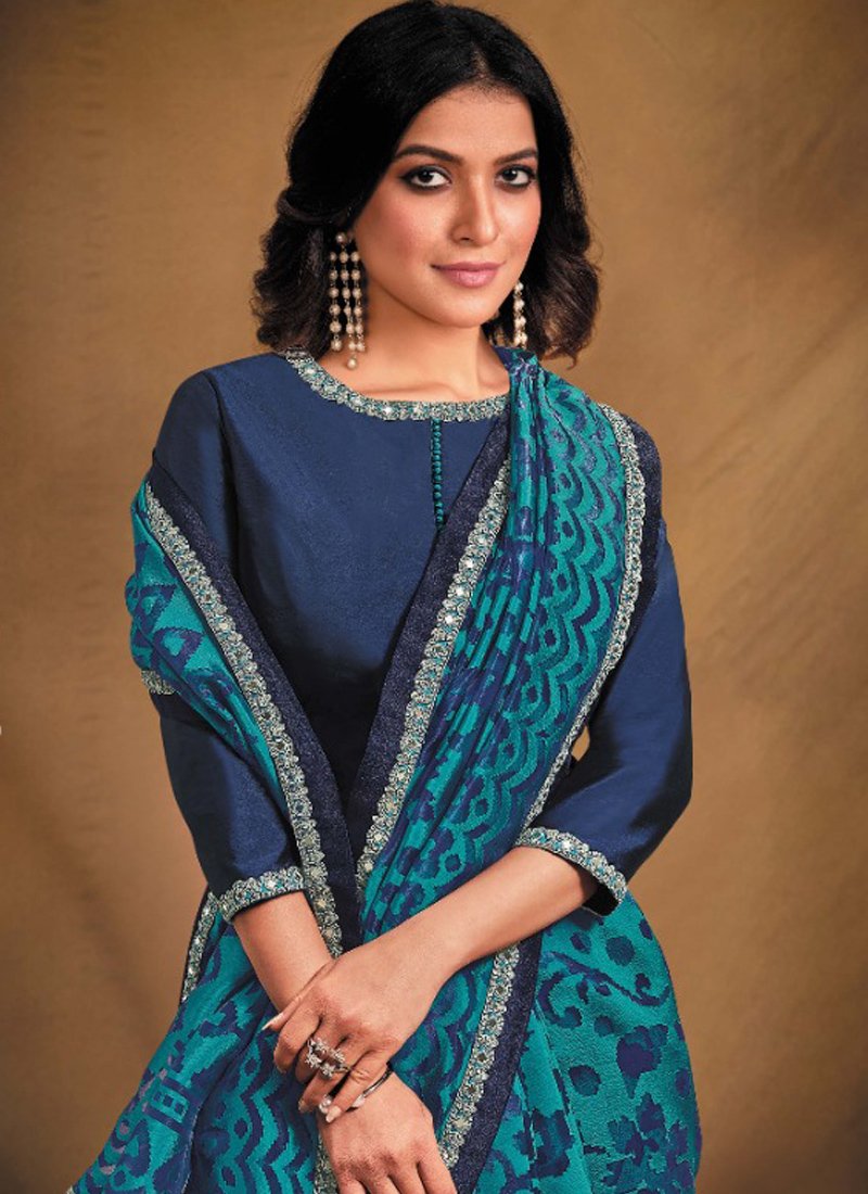 Exquisite Zari Jacquard Silk Saree in dark blue with Satin Silk Blouse