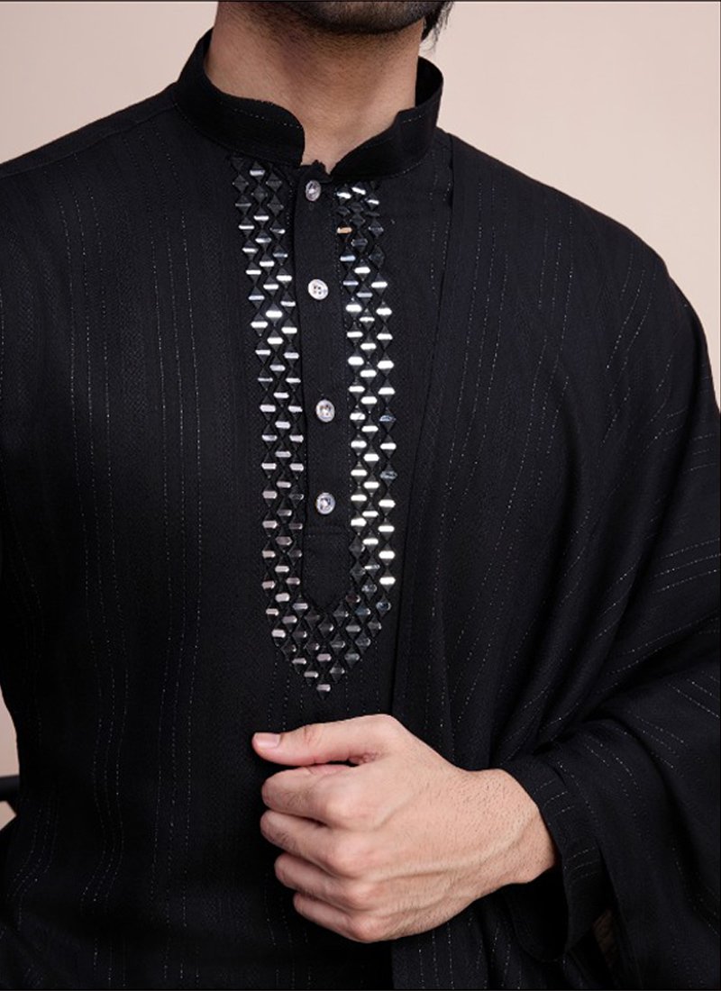 Traditional zari weaving viscose men's kurta set in black