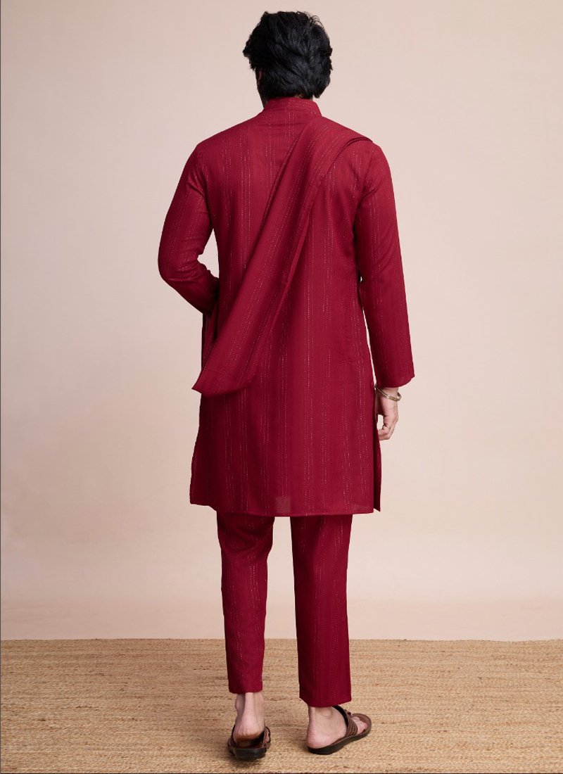 Traditional zari weaving viscose men's kurta set in red