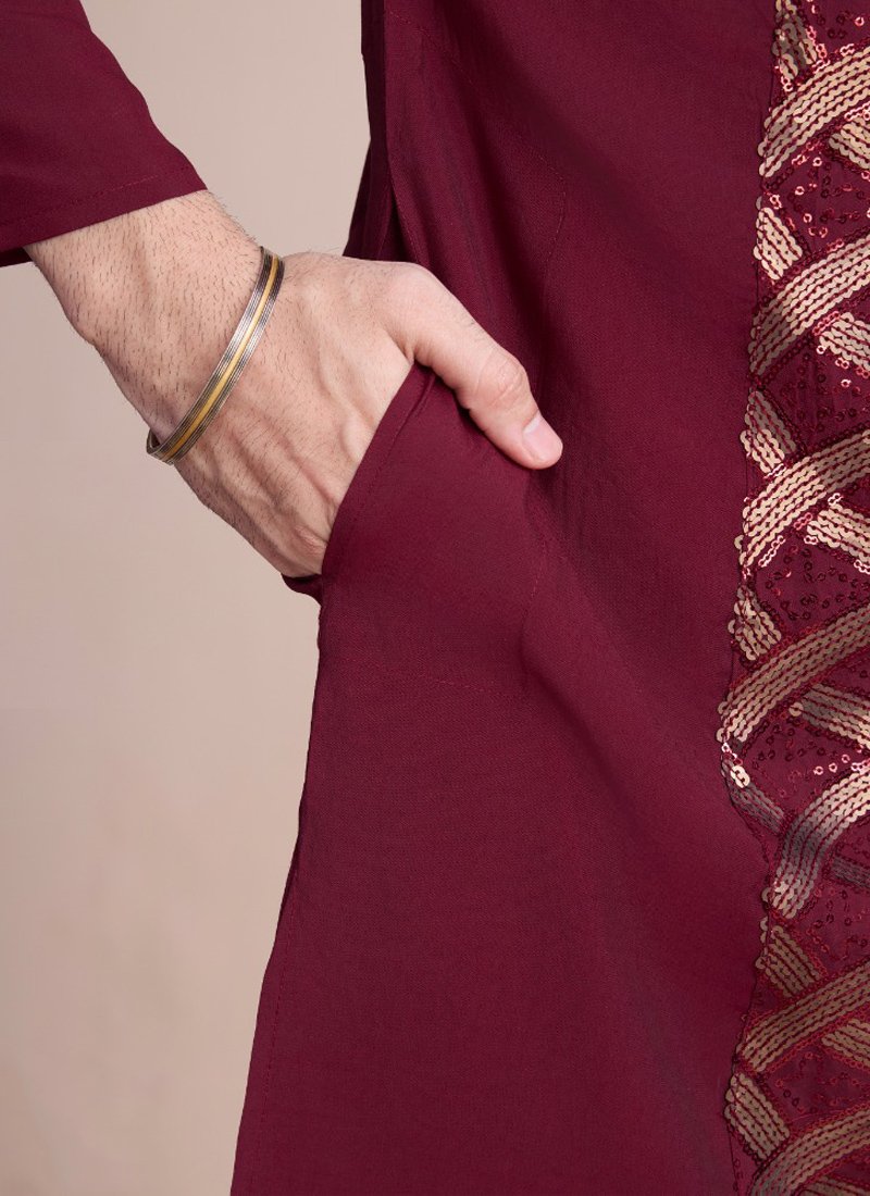 Designer Silk Men's Kurta for Special Events in maroon