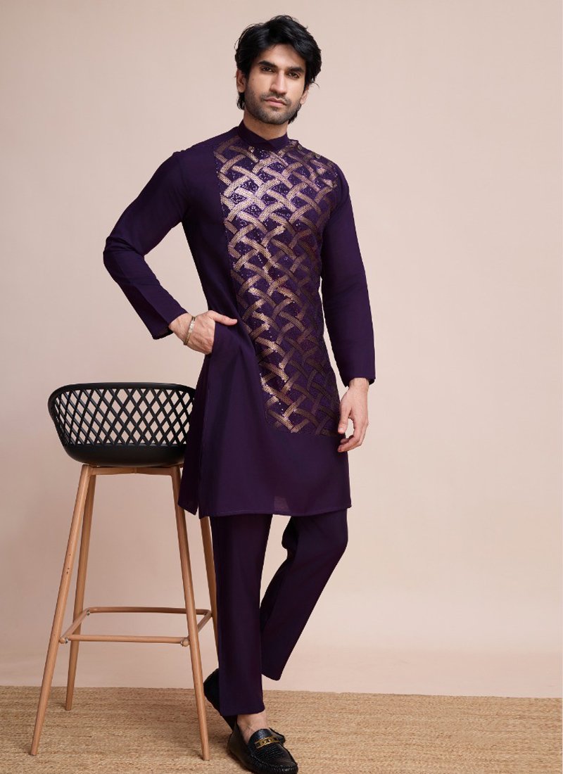 Designer Silk Men's Kurta for Special Events in purple