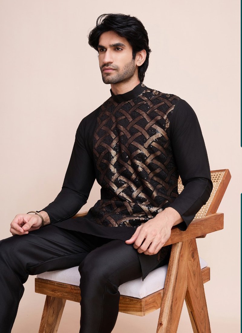 Designer Silk Men's Kurta for Special Events in black