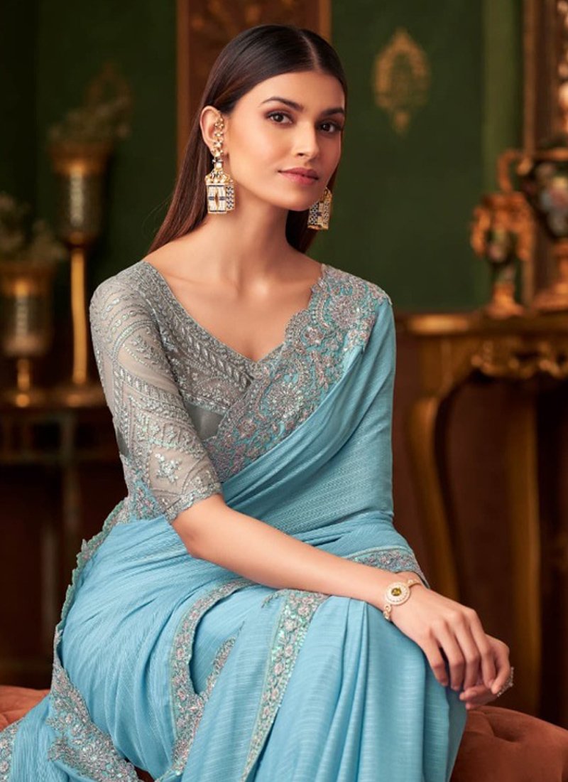 Embroidered lace bordered satin saree in light blue