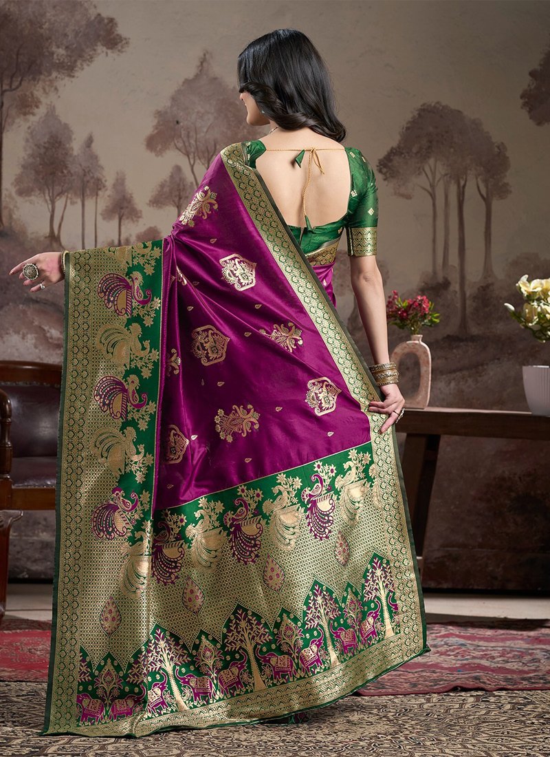 Elegant jacquard worked silk saree in dark green