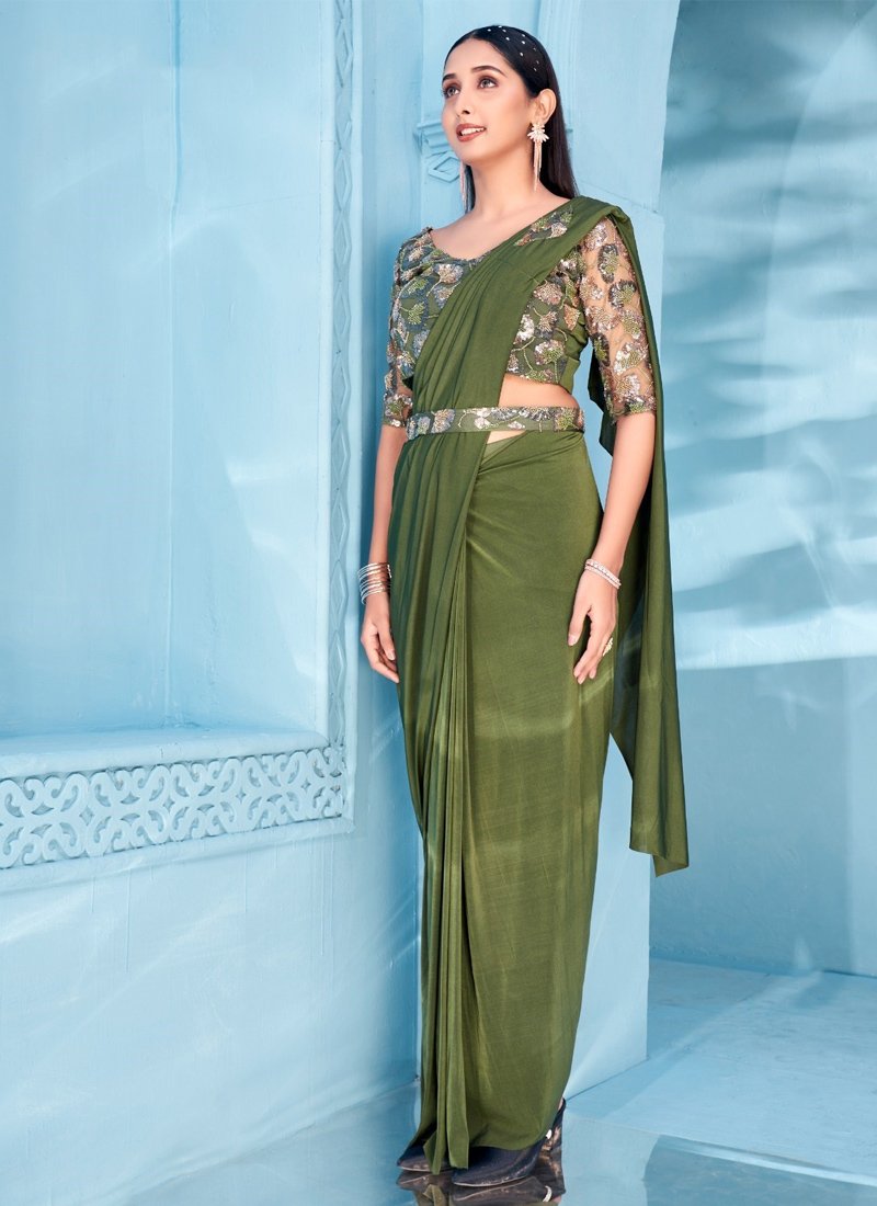 Embroidered lycra saree Embellished with Blouse And Belt in dark green