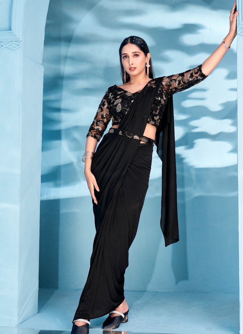 Embroidered lycra saree Embellished with Blouse And Belt in black