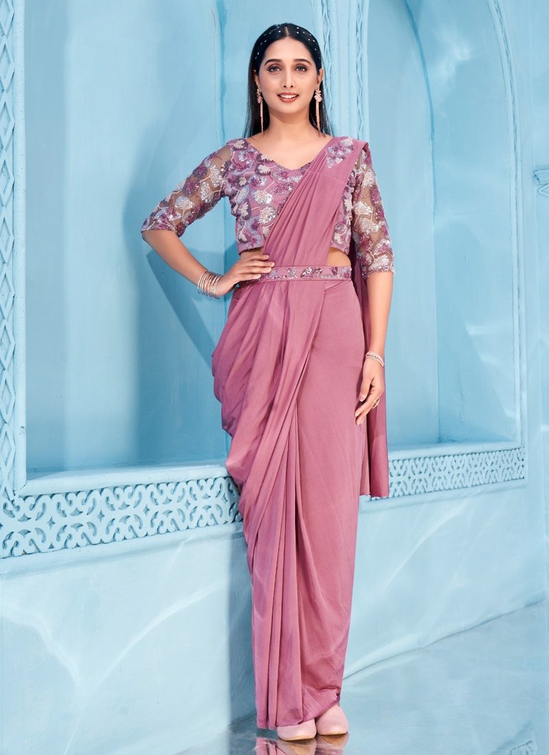 Embroidered lycra saree Embellished with Blouse And Belt in pink