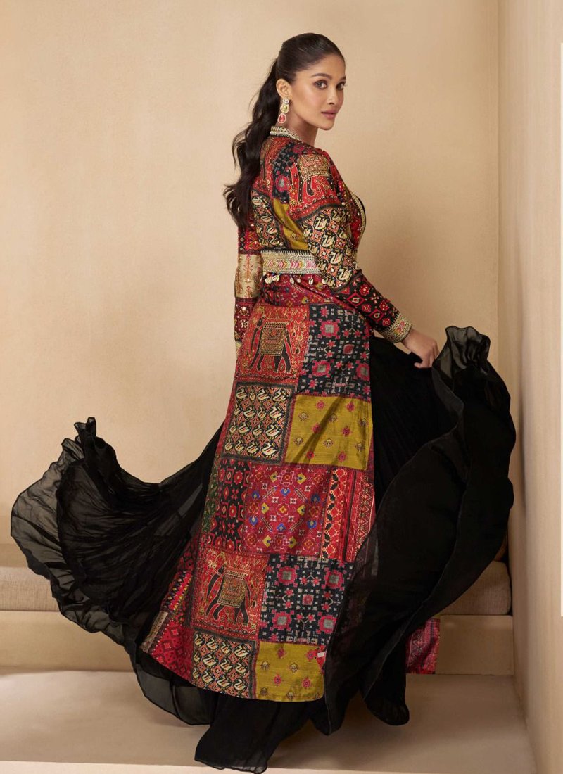 Stylish embroidered real georgette gown with multi color long shrug in red