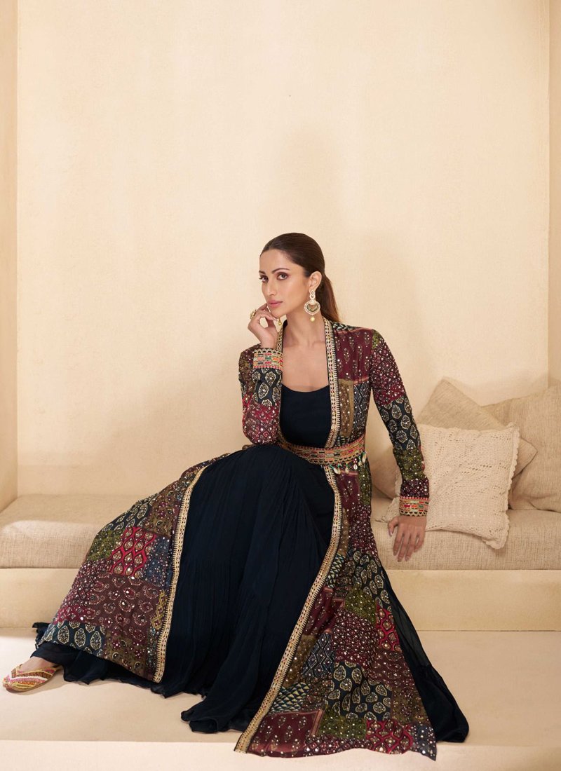 Stylish embroidered real georgette gown with multi color long shrug in multi color