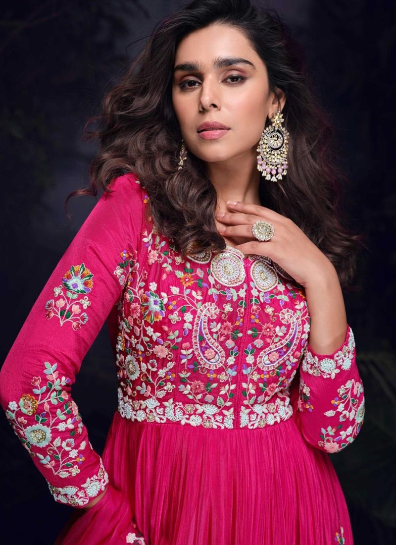 Embroidered Chinon Silk Anarkali Gown in pink