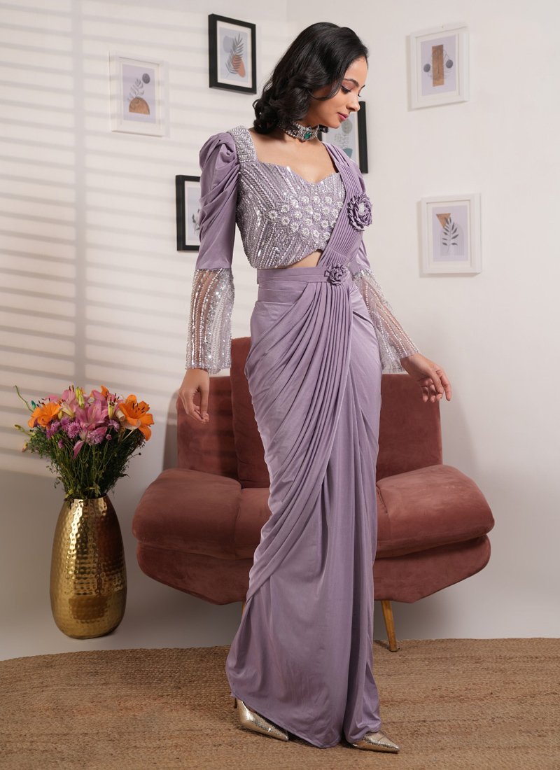 Stunning hand embroidered satin saree in purple