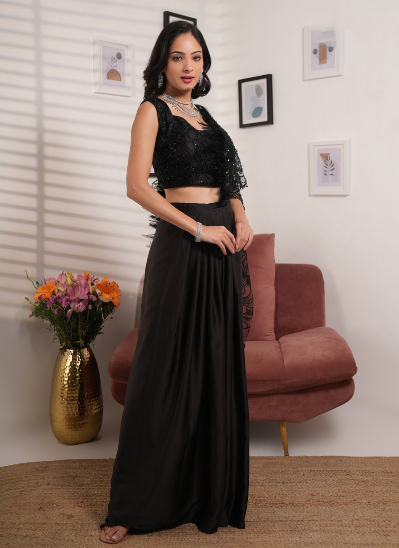 Stunning hand embroidered satin saree in black