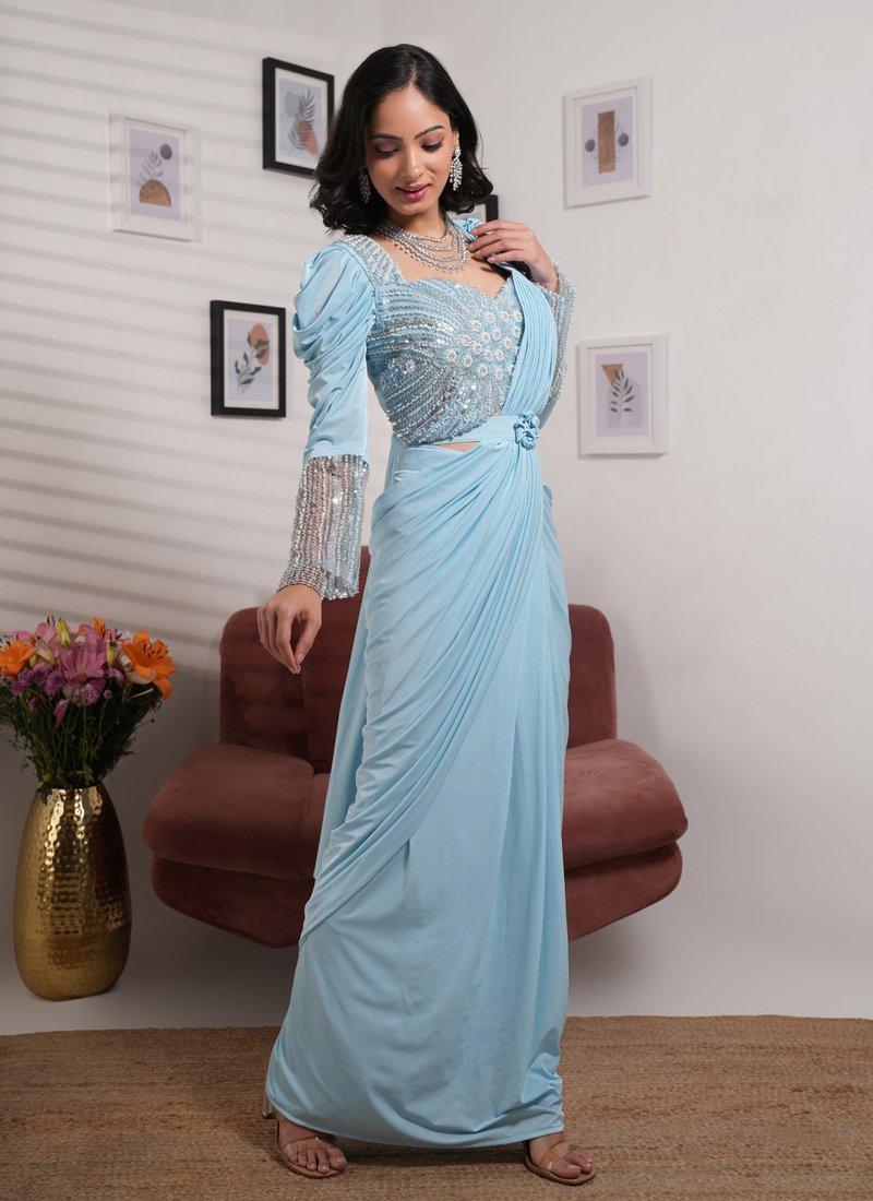 Stunning hand embroidered satin saree in sky blue