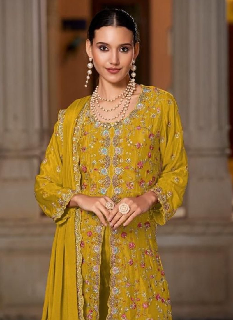 Beautiful bandhani print chinon sharara suit in yellow