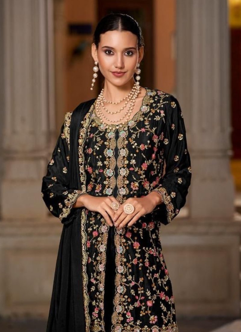 Beautiful bandhani print chinon sharara suit in black