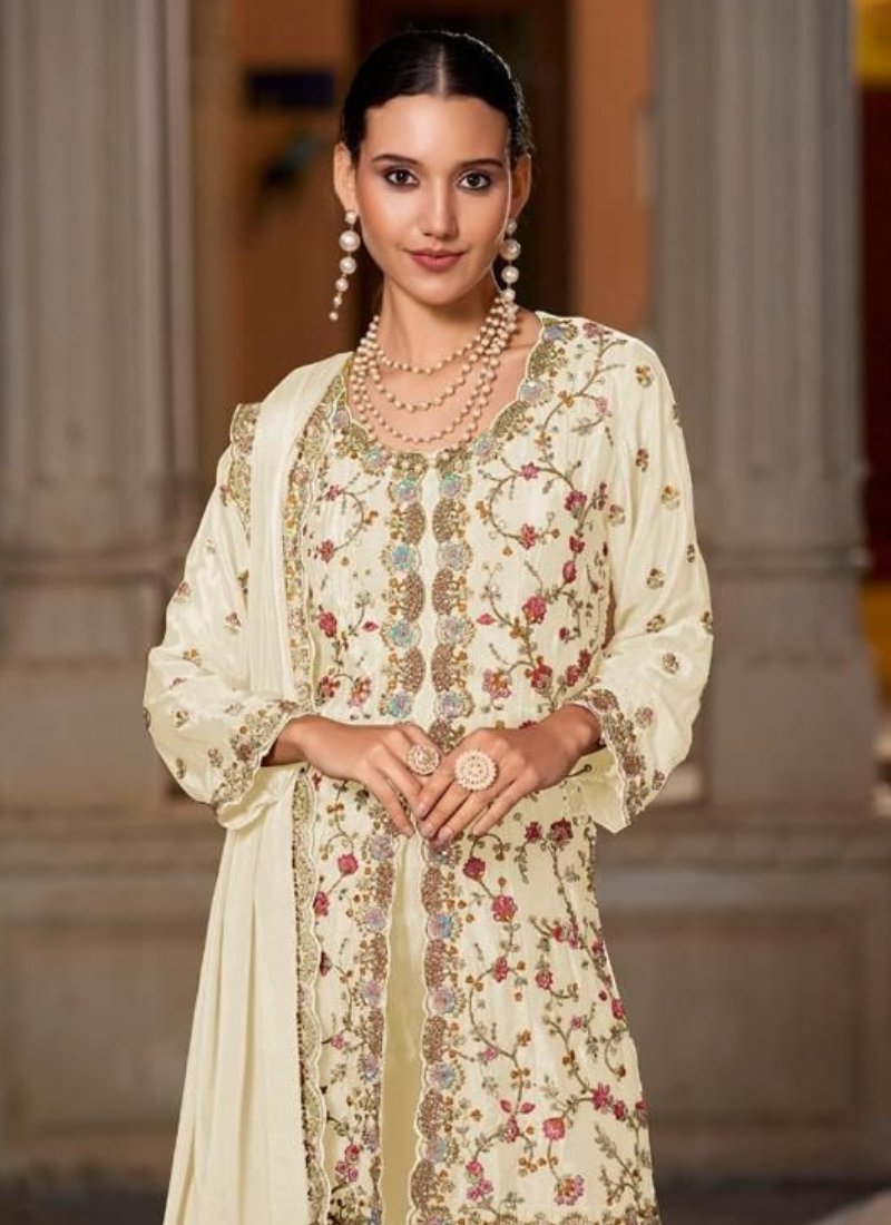 Beautiful bandhani print chinon sharara suit in off white