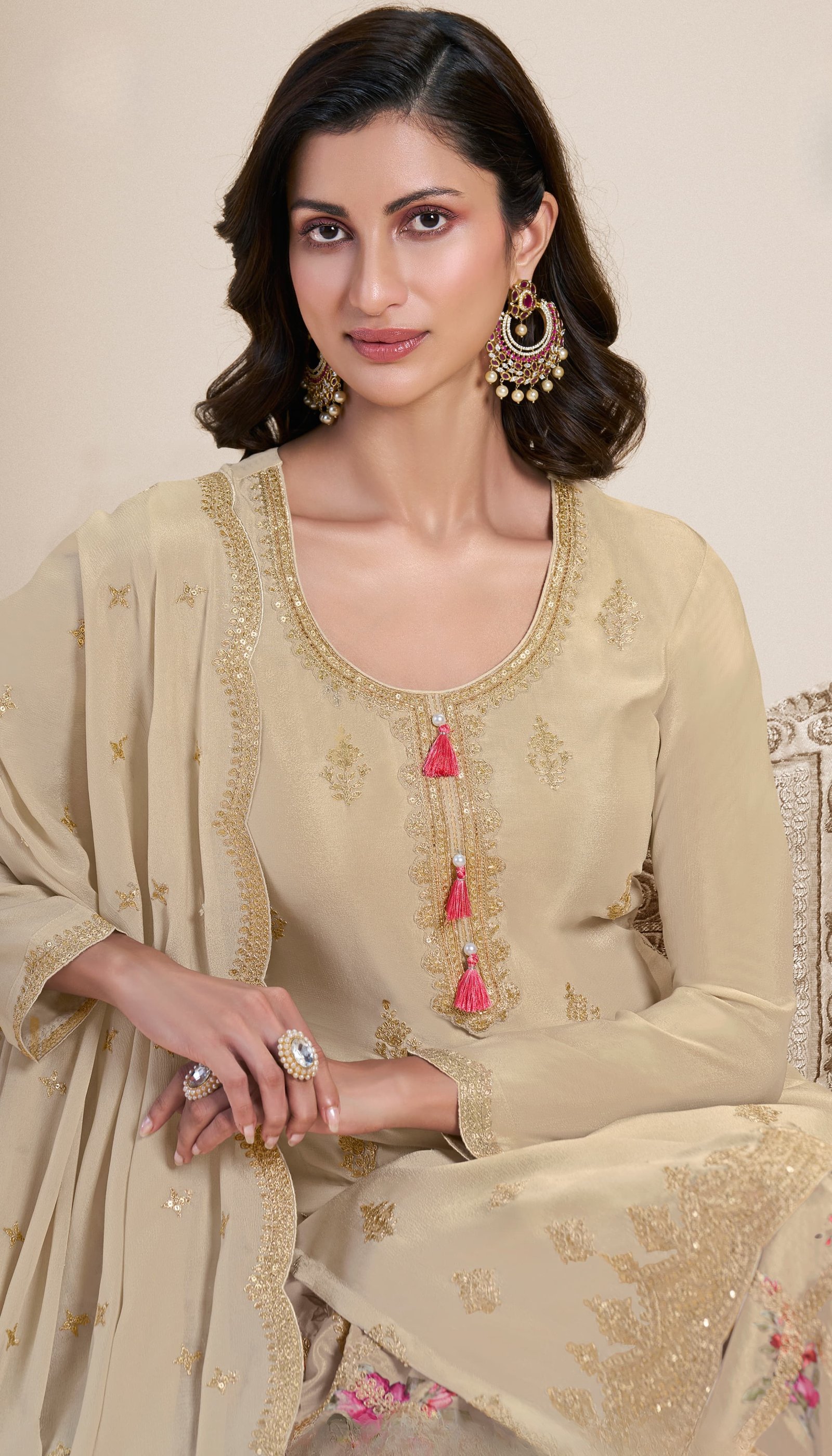 Light Brown Embroidered Chinon Sharara