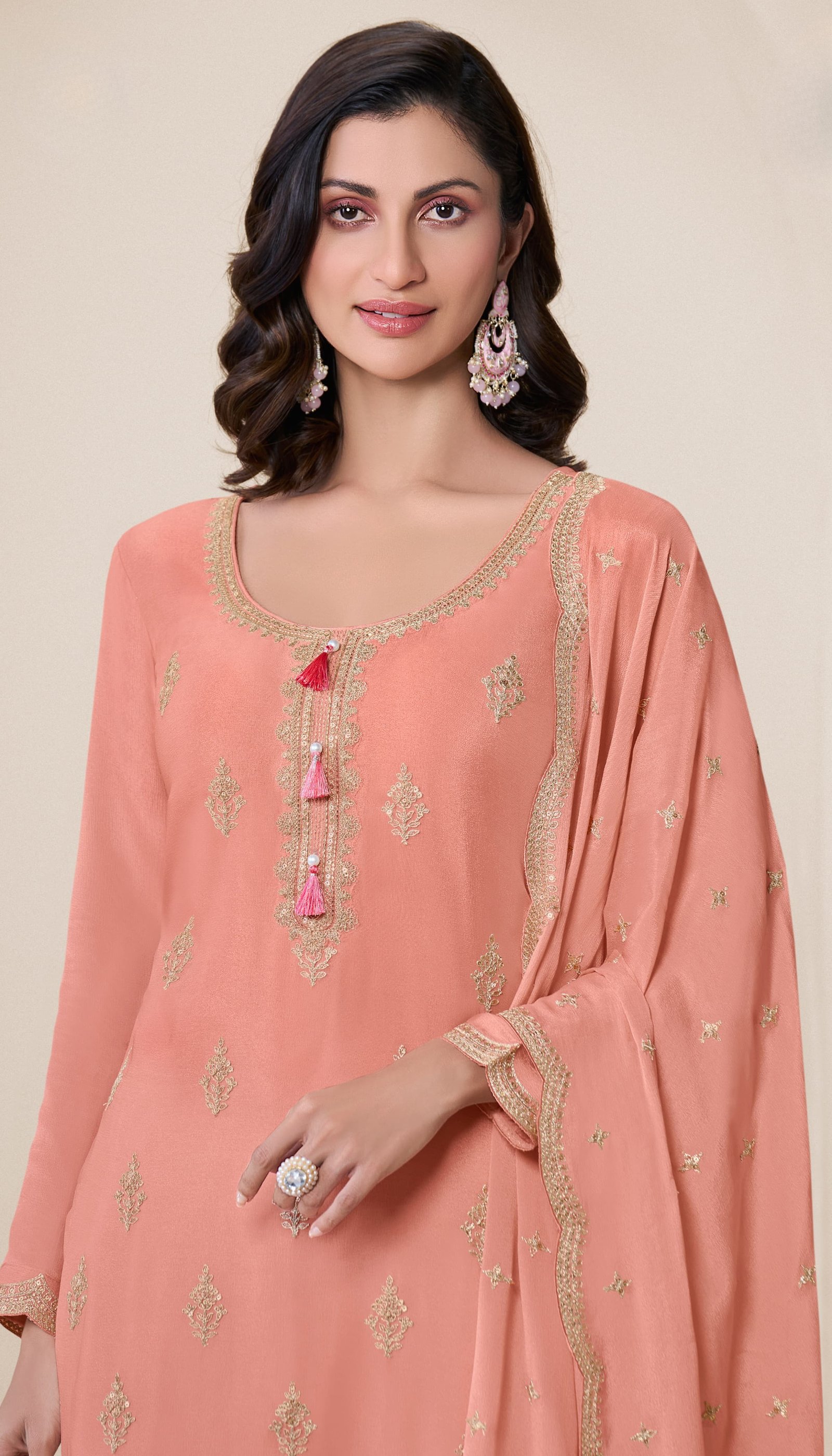 Coral Pink Embroidered Chinon Sharara Set