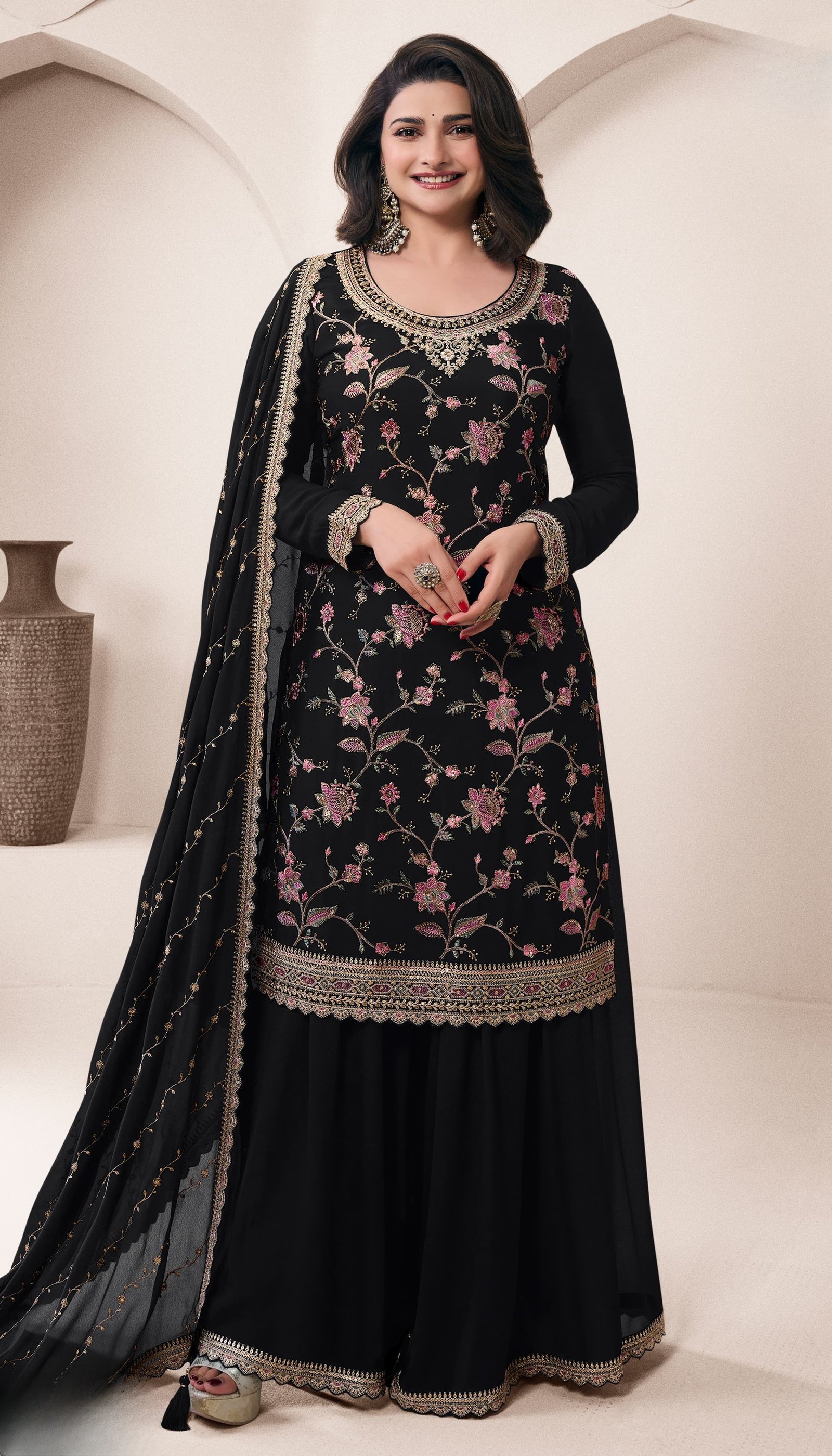 Black Embroidered Sharara Set