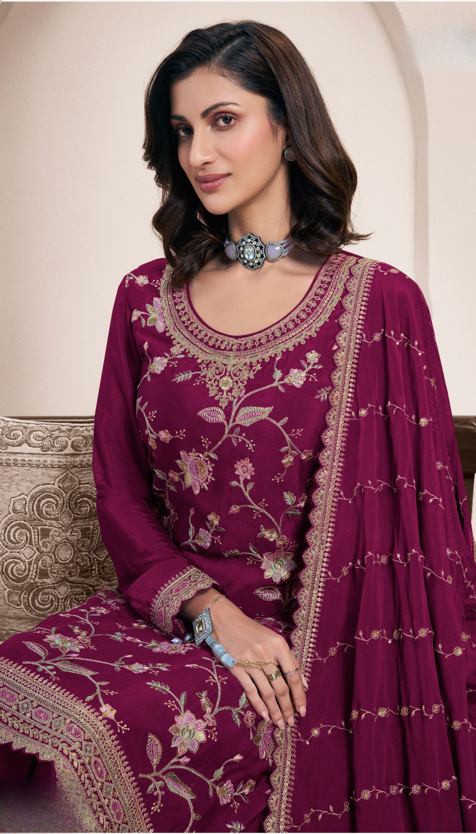 Dark Wine Embroidered Sharara Set