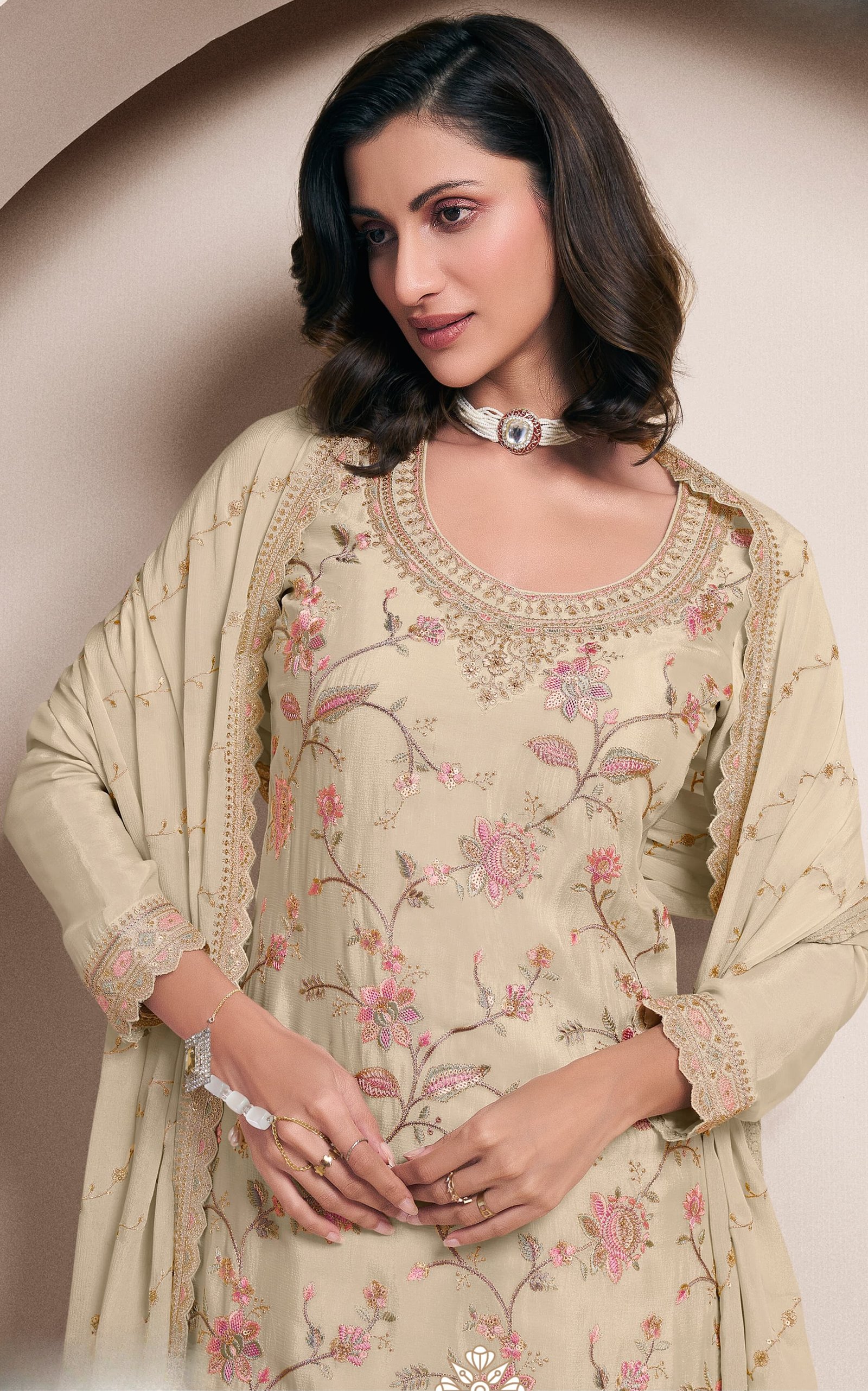 Elegant Cream Embroidered Sharara Set