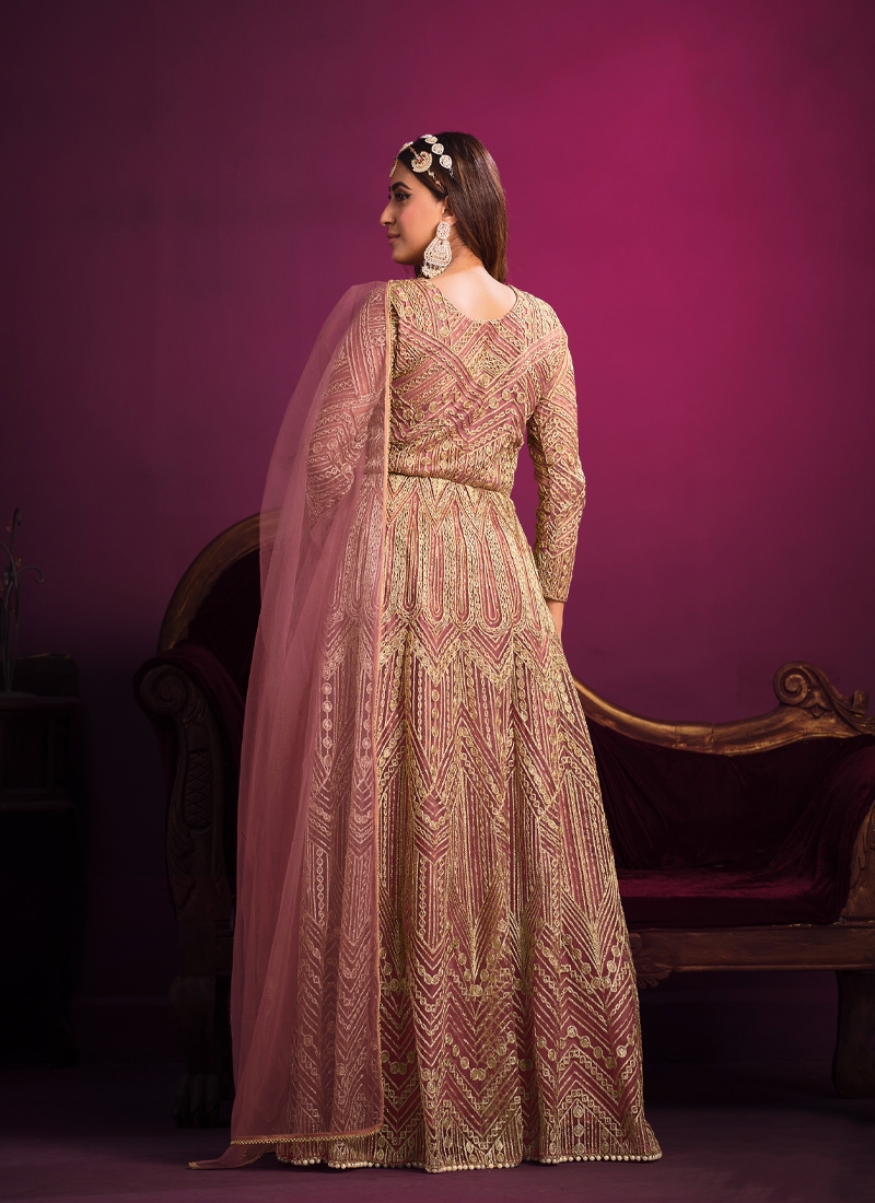 Designer Embroidered Gown in Dusky Rose