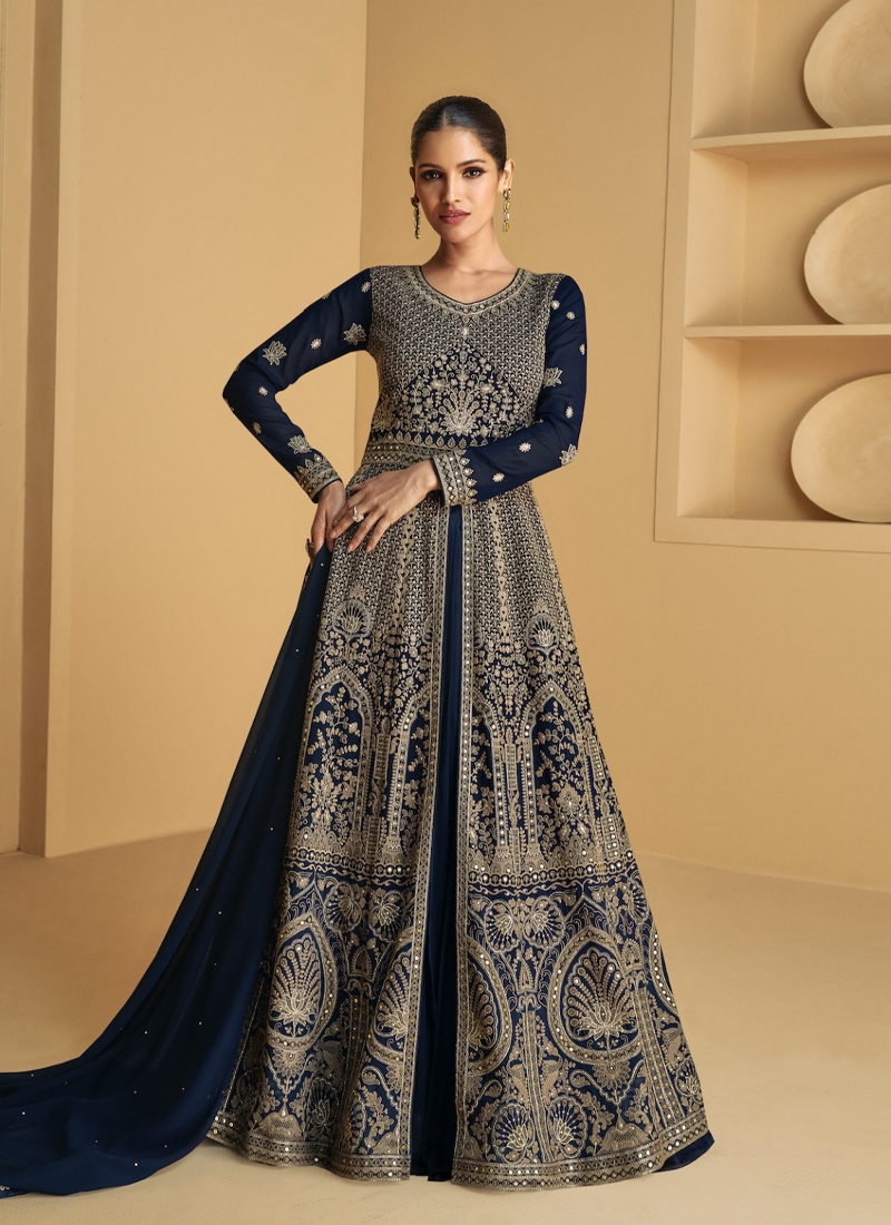 Designer Real Georgette skirt suit in Blue