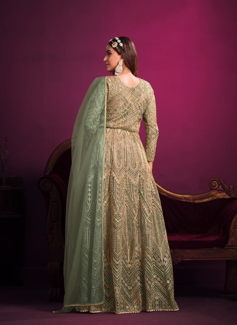 Designer Embroidered Gown in Sage