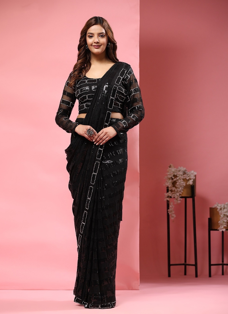 Soft Georgette Peding Fabric Sequence Saree in Black