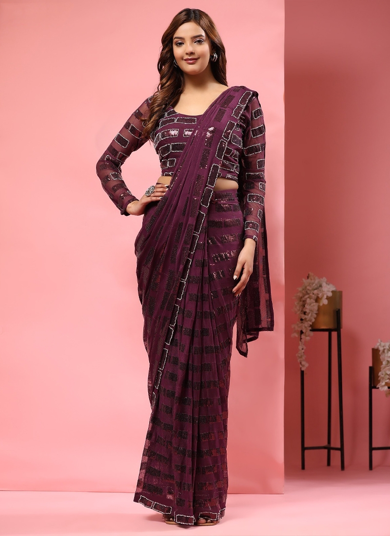 Soft Georgette Peding Fabric Sequence Saree in Purple