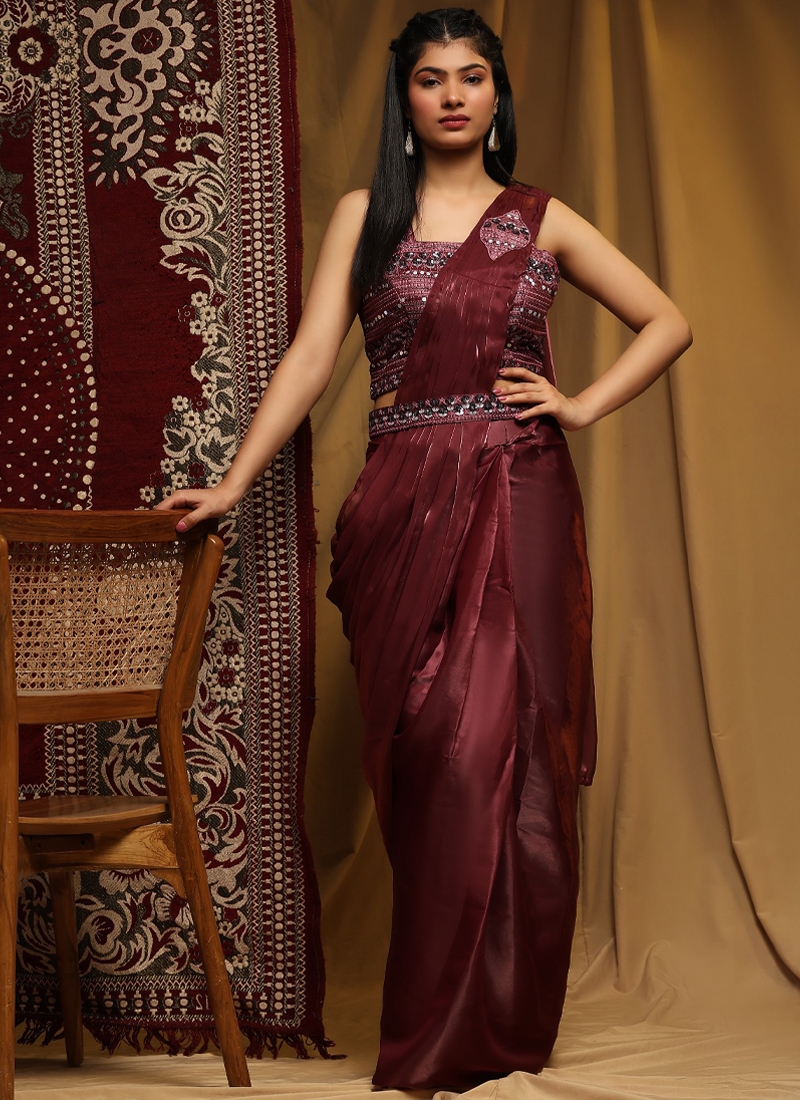 Ready to Wear Organza  Saree in Wine