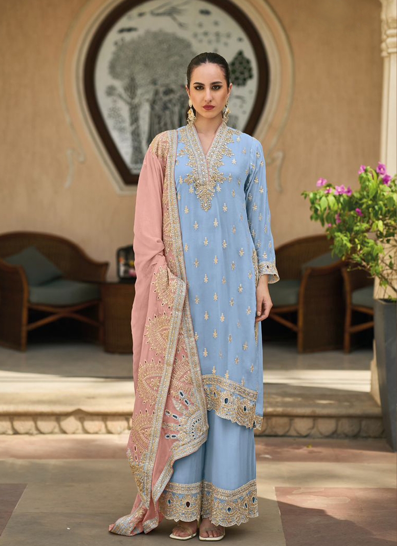 Indian Pakistani Palazzo Suit Set in Sky Blue