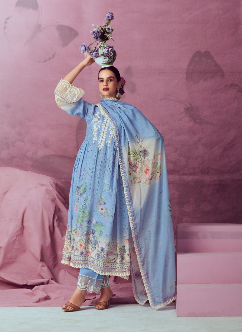 Digital Print Muslin Suit Set in Blue