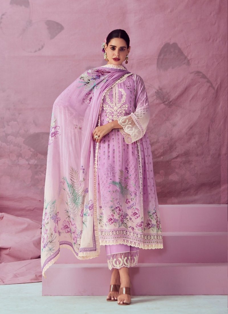 Digital Print Muslin Suit Set in Lavender