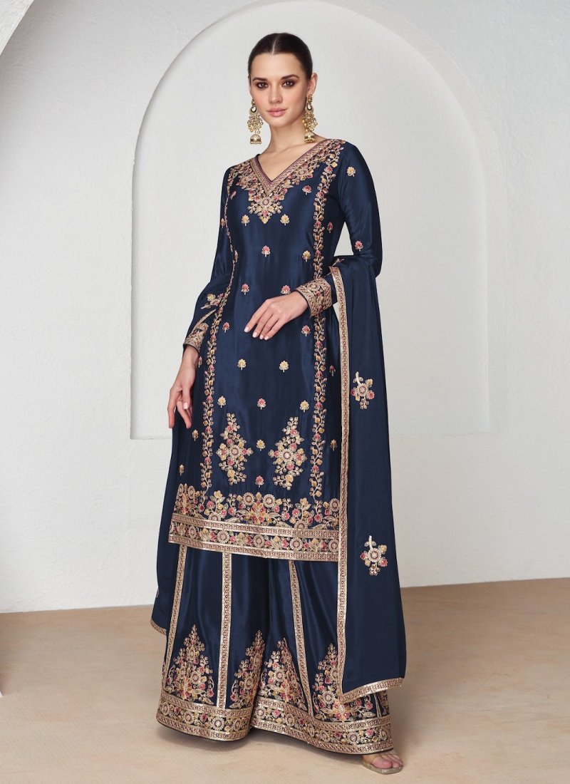 Premium Chinon silk Palazzo suit set in Blue