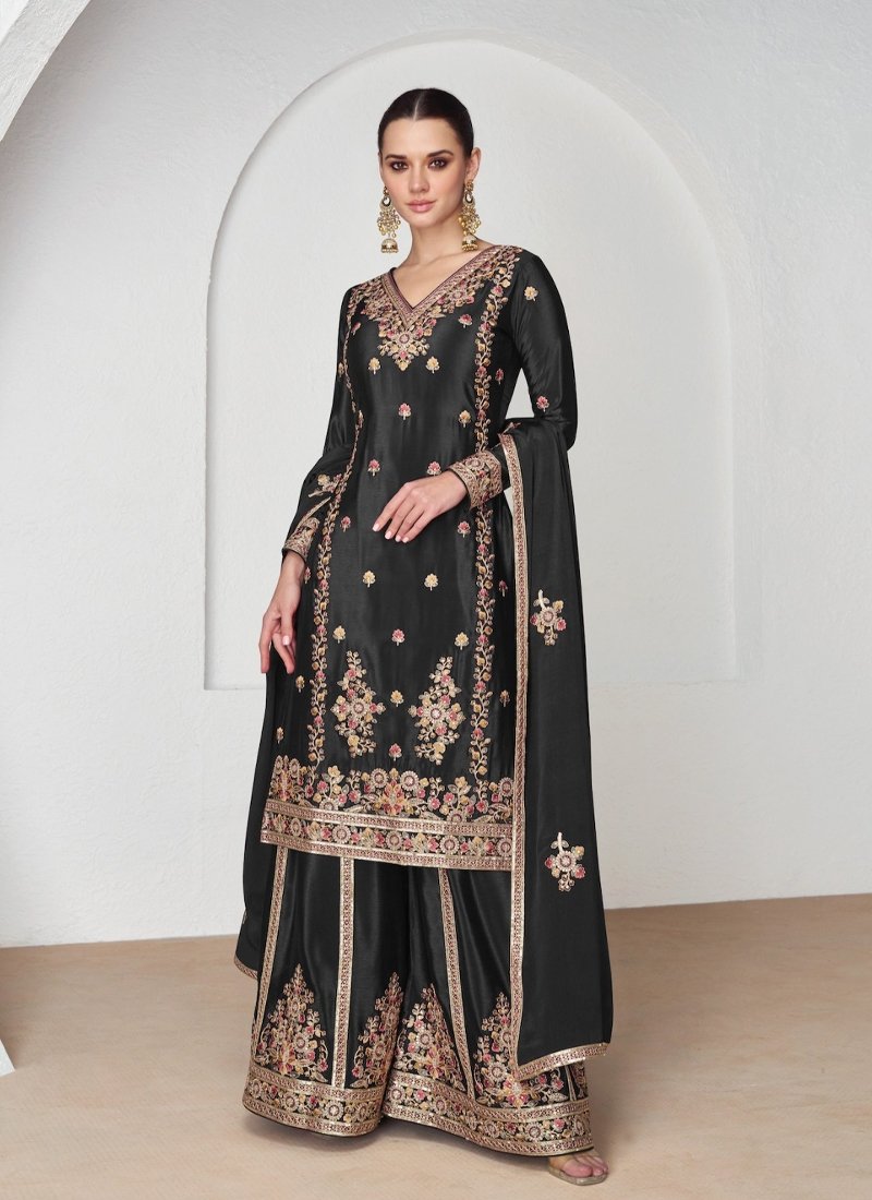 Premium Chinon silk Palazzo suit set in Black