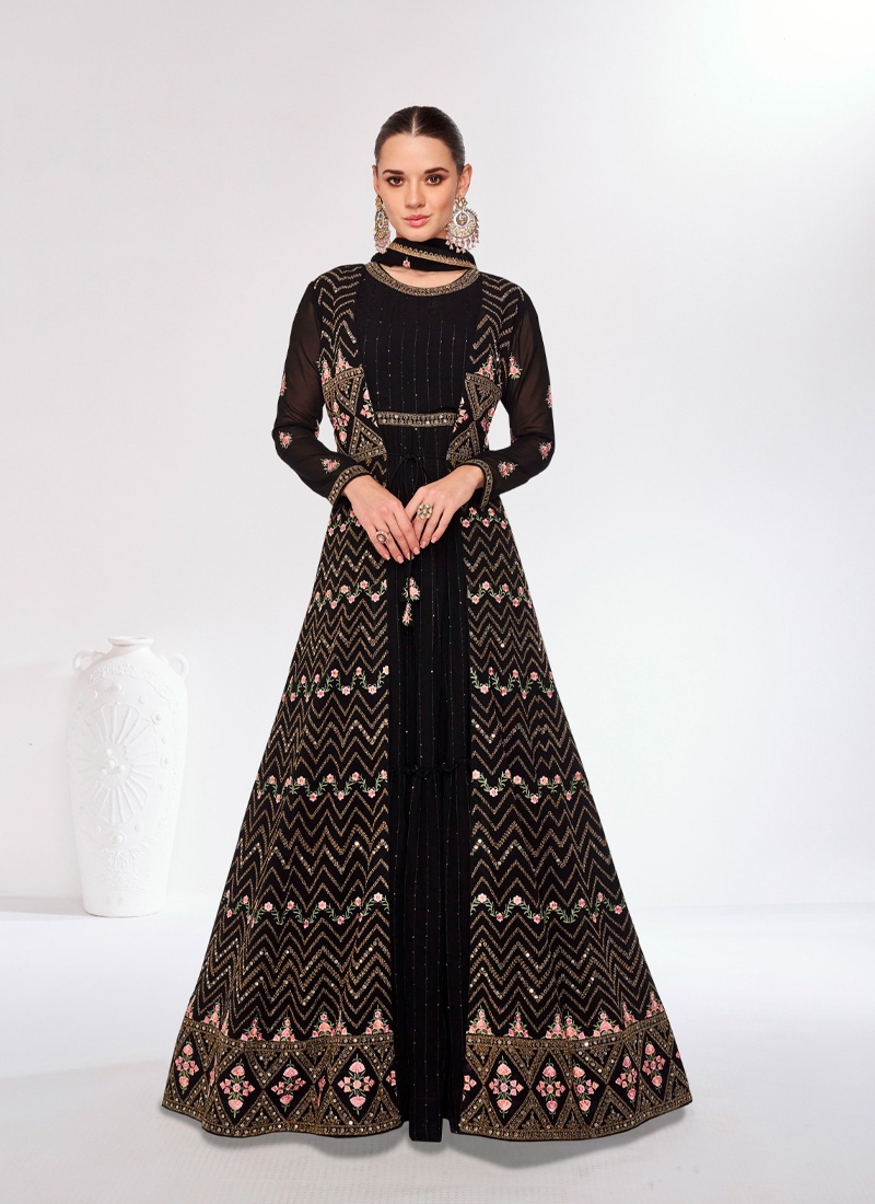 Pure Chinon Anarkali Suit in Black