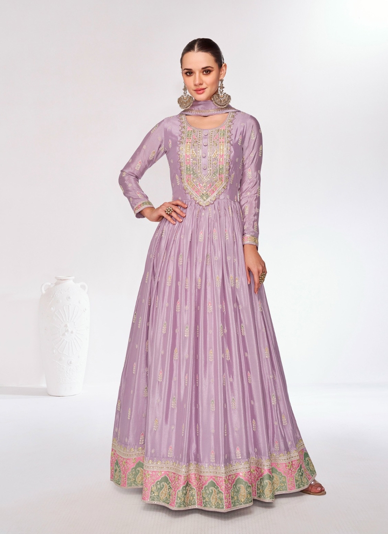 Pure Chinon Anarkali Suit in Lavender