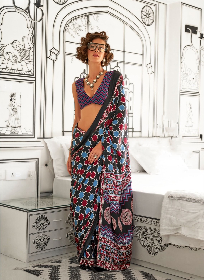 Printed satin crepe saree in Black