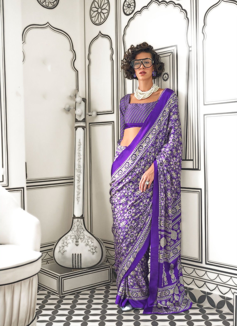 Printed satin crepe saree in Blue Lavender