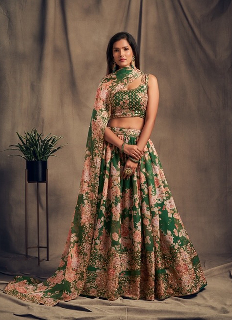 Ethinic Organza Lehenga in Green