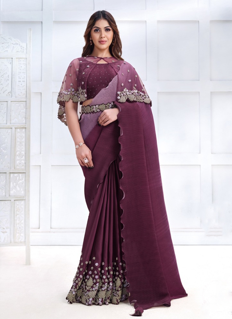 Designer partywear Crepe Satin Silk Saree in Purple