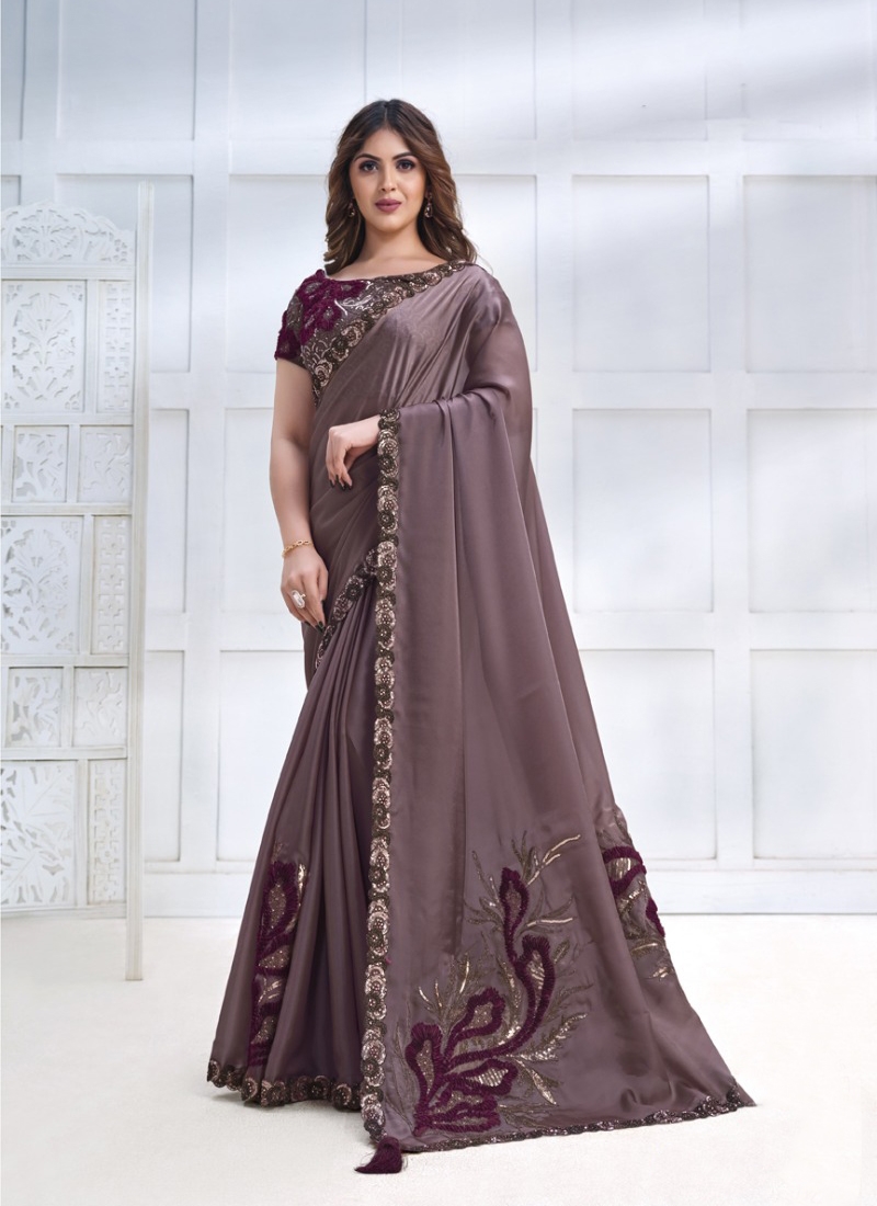 Designer partywear Crepe Satin Silk Saree in Light Purple