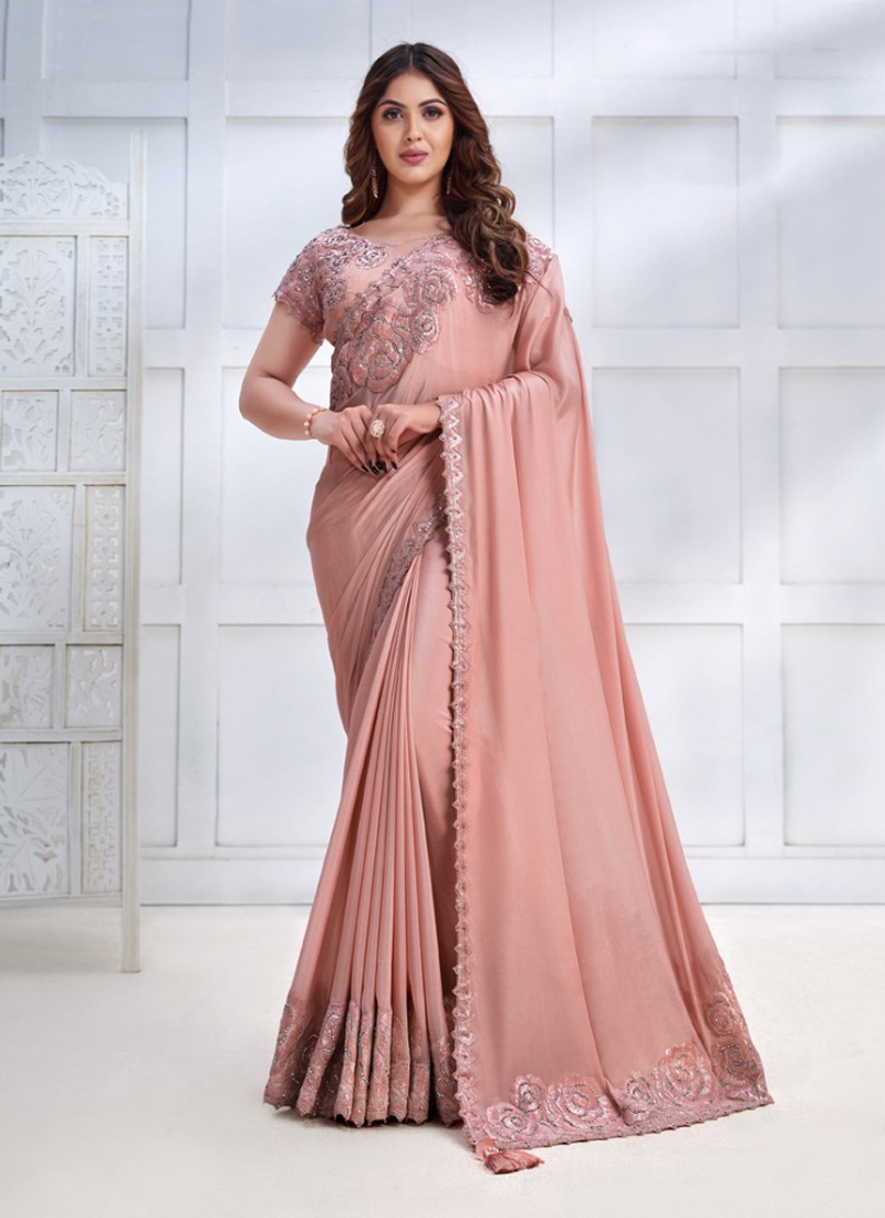 Designer partywear Crepe Geogette Silk Saree in Peach