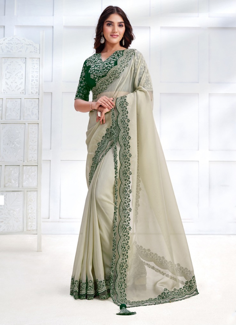 Designer partywear Organza Georgette Saree in Pastel Grey