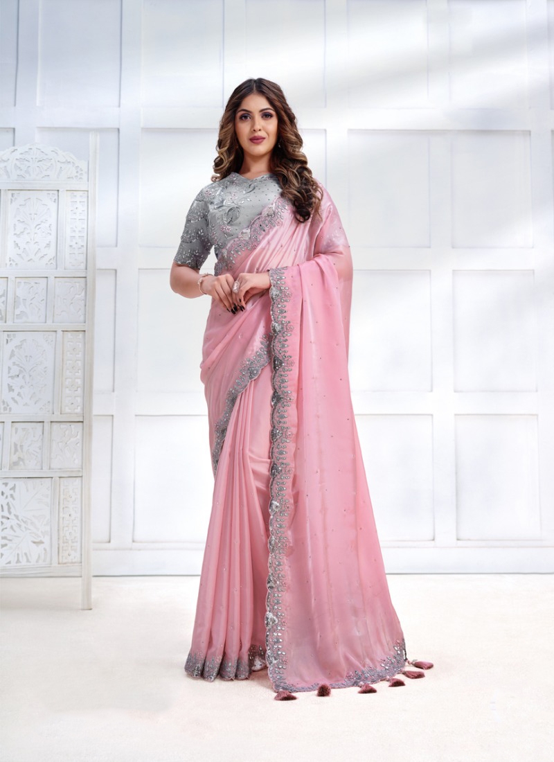 Designer Partywear Satin Crepe Saree in Baby Pink