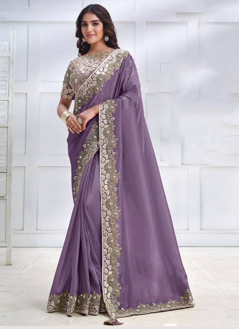 Designer Partywear Banarsi Crush Silk Saree in light Purple