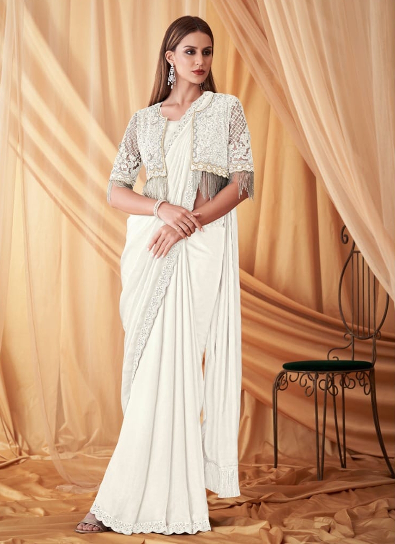 Mirror Embroidered Saree With Shrug in White