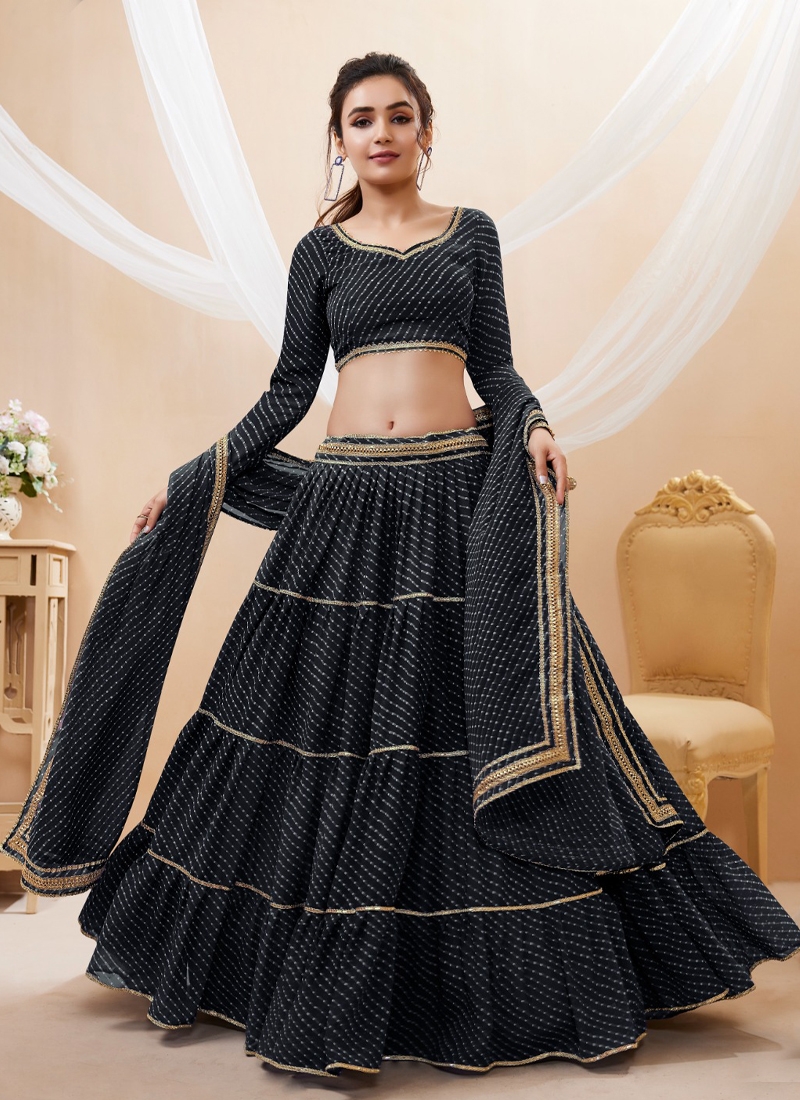 Leheriya Print Pure Georgette Lehenga Choli with Duppatta in Black