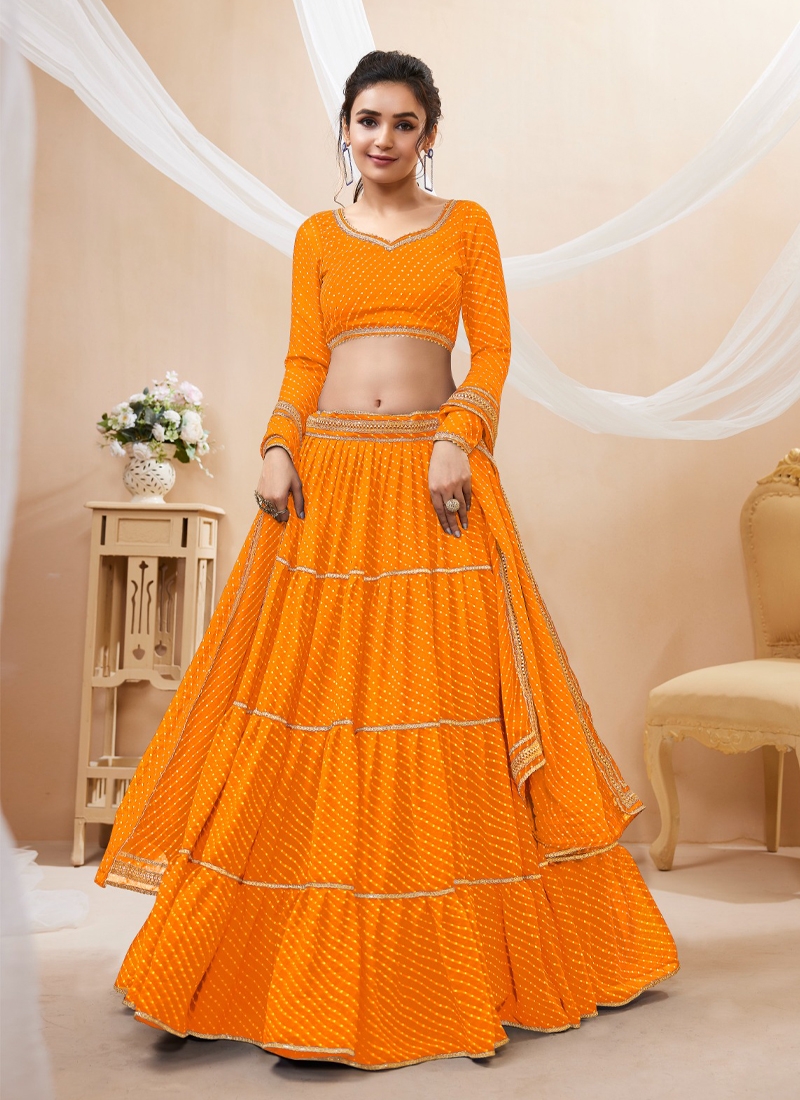 Leheriya Print Pure Georgette Lehenga Choli with Duppatta in Orange